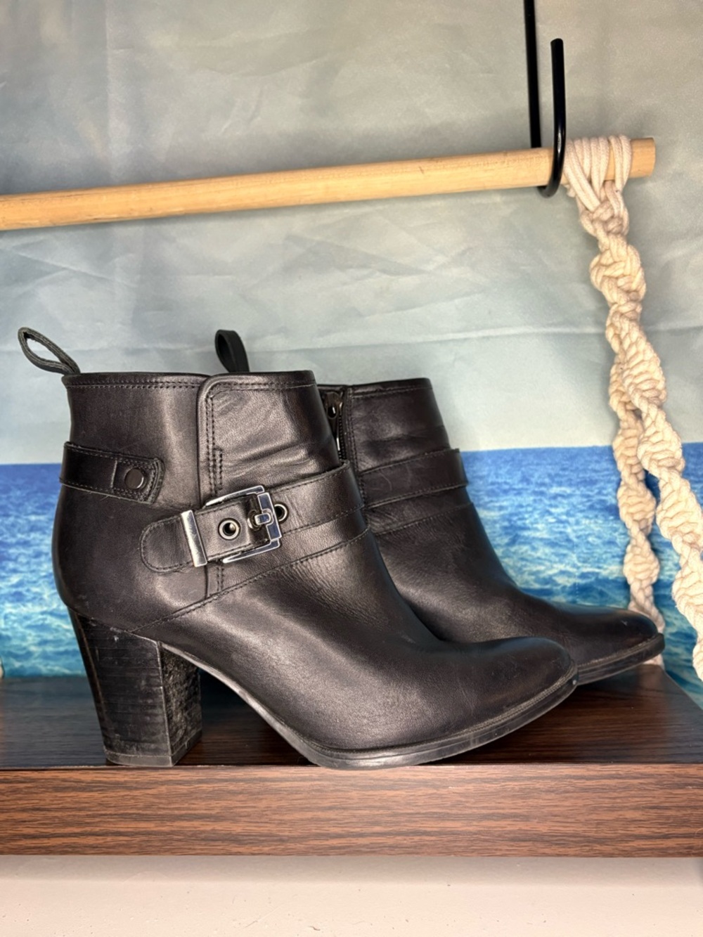 Franco Suarto “Dorinda” Classic Black Leather Ankle Booties with Buckle Strap